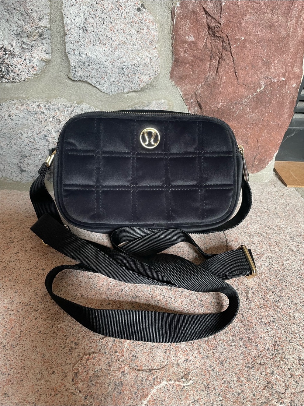 lululemon athletica Black Quilted Velvet Crossbody with Gold Logo